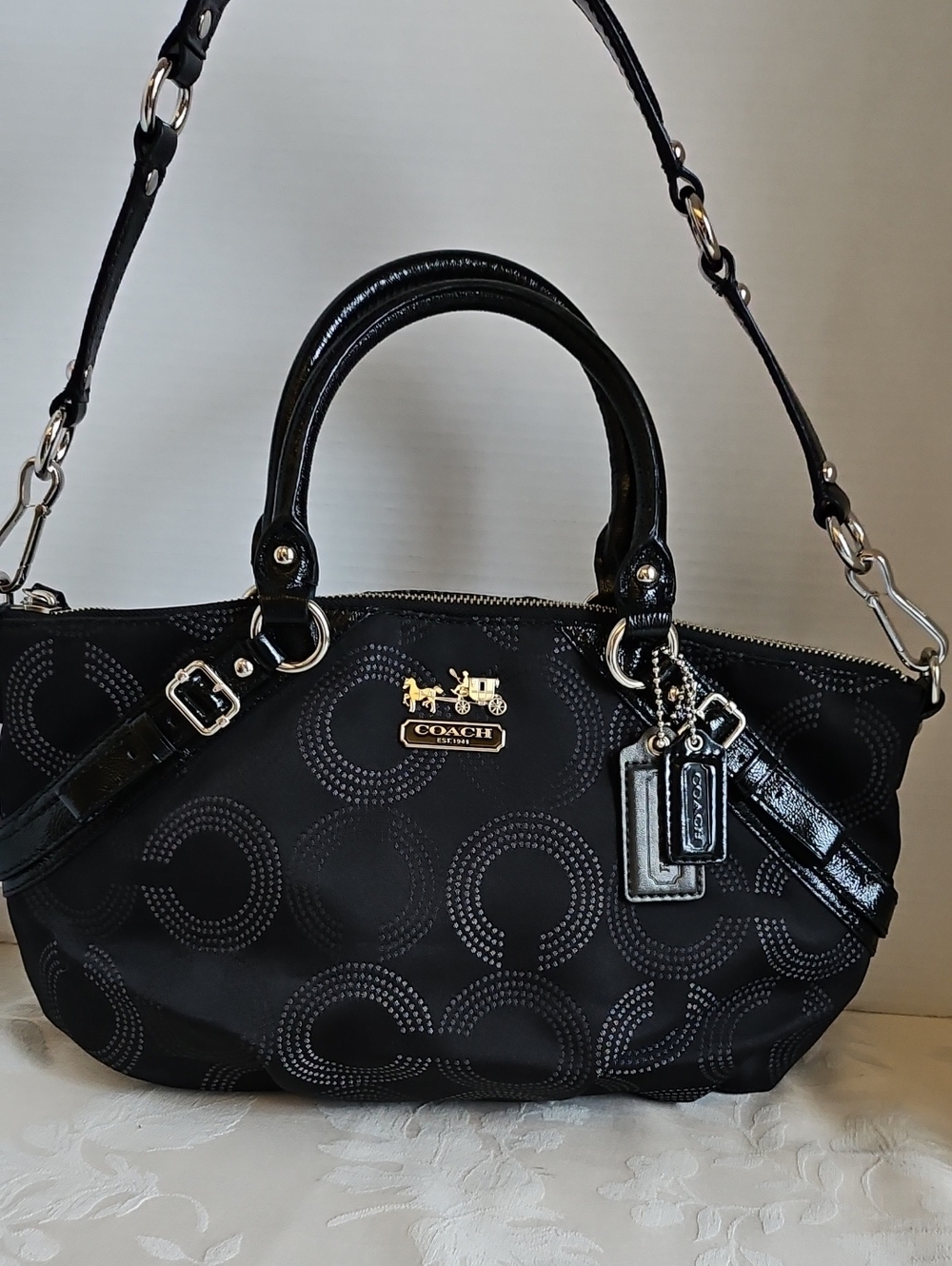 Coach Dot Opa Sophia Black Signature Circle Dome Satchel with Silver Hardware